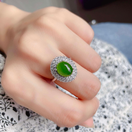 Natural Green Jade Ring, Vintage Silver 925 Sterling Double Halo Cz Ring