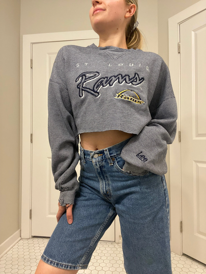 Rare Vintage 90S La Rams Distressed Super Bowl Champions Cropped Y2K Crewneck Sweatshirt 1 Of Oversized Trendy Football Nfl California