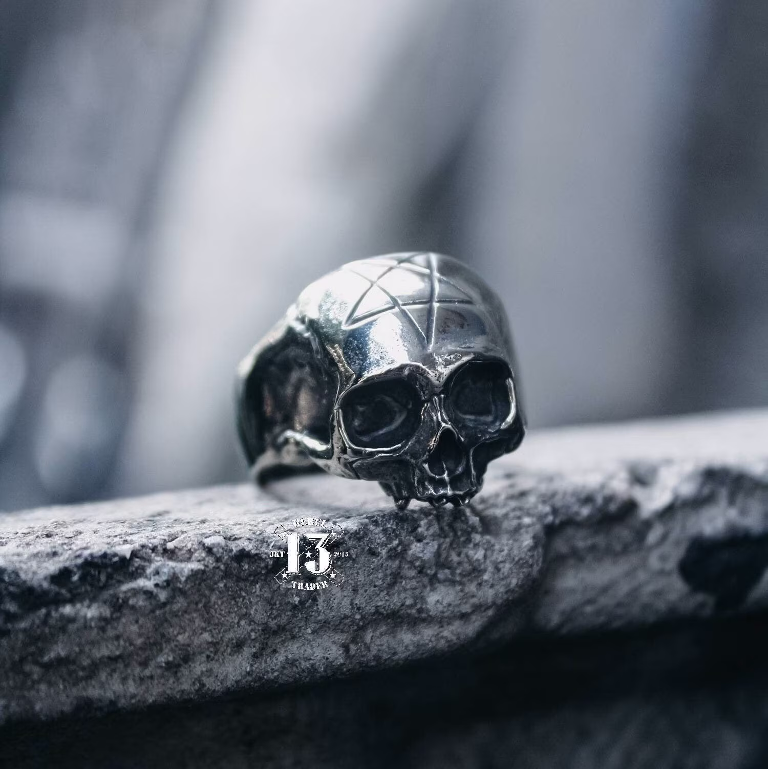 Hand Sculpted Jawless Pentagram Skull Ring Oxidized White Brass & Sterling Silver