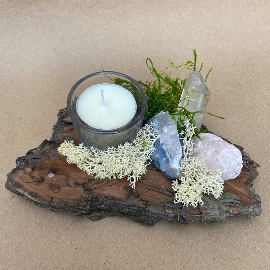 Candle Holder C W. Crystals & Moss. Handmade Nature Energy Vibes. Grounding. Altar Piece. Witch. Druid. Pagan. Cottage-Core. Foraged Items