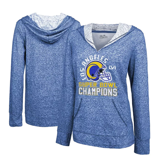 Women's Majestic Threads Heathered Royal Los Angeles Rams Super Bowl LVI Champions Hard Count Slub Pullover Hoodie, Size: Large, Blue