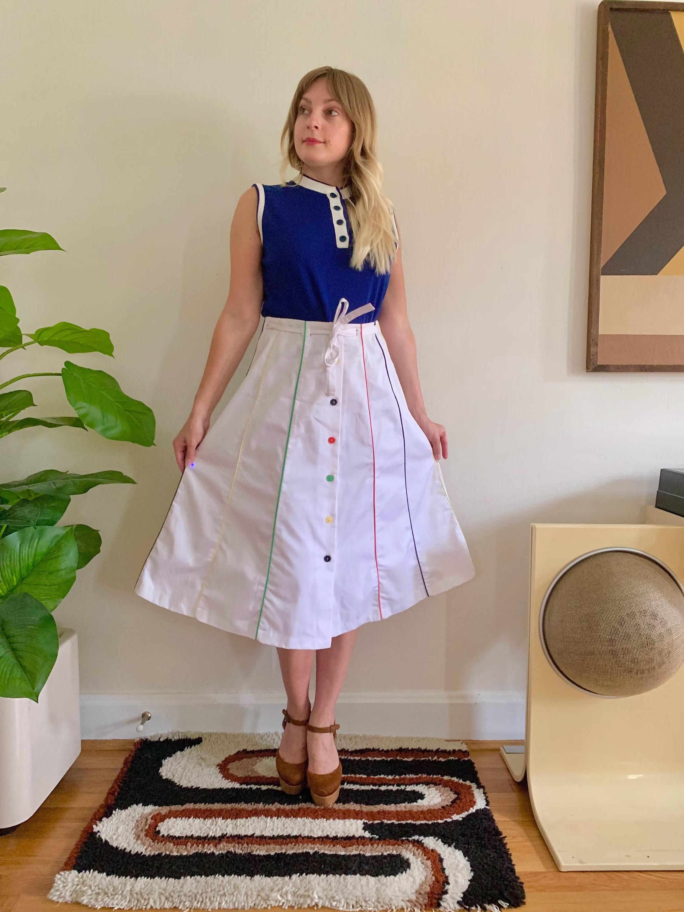 Vintage 1970S Rainbow Striped Skirt // Medium 28-29" Retro 70S 80S High Waited A Line Midi Colorful Button Front Cotton Blend