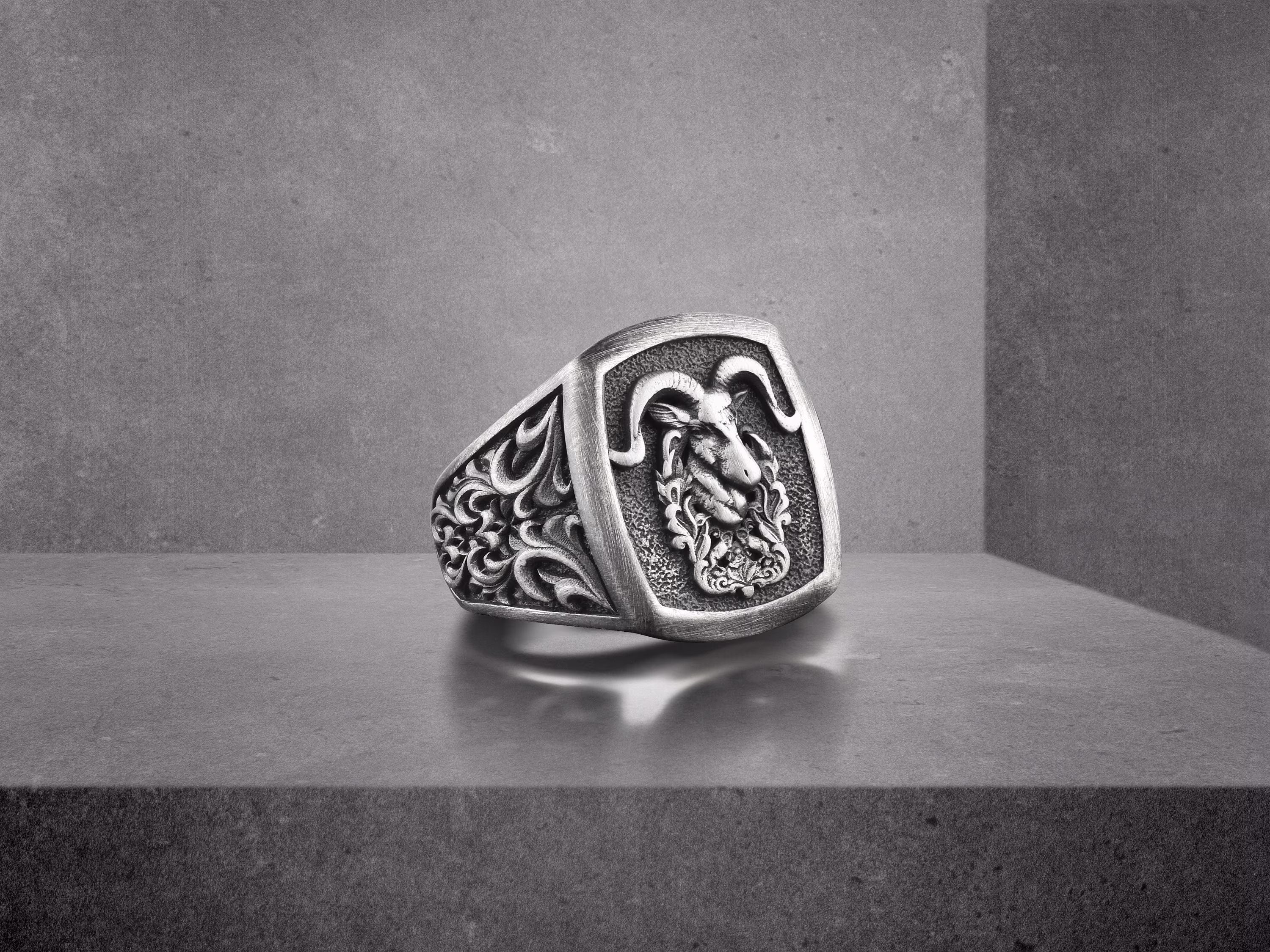 Aries Ram Head Sterling Silver Signet Men Ring, Handmade Engraved Square Animal Ring