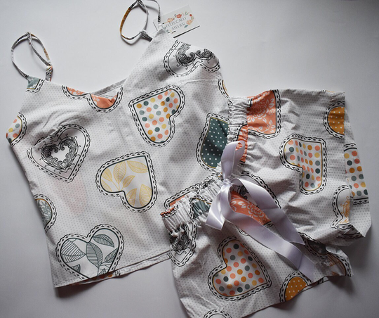 Hearts White Pajama Set, Women Size S, M, Pajama, Set