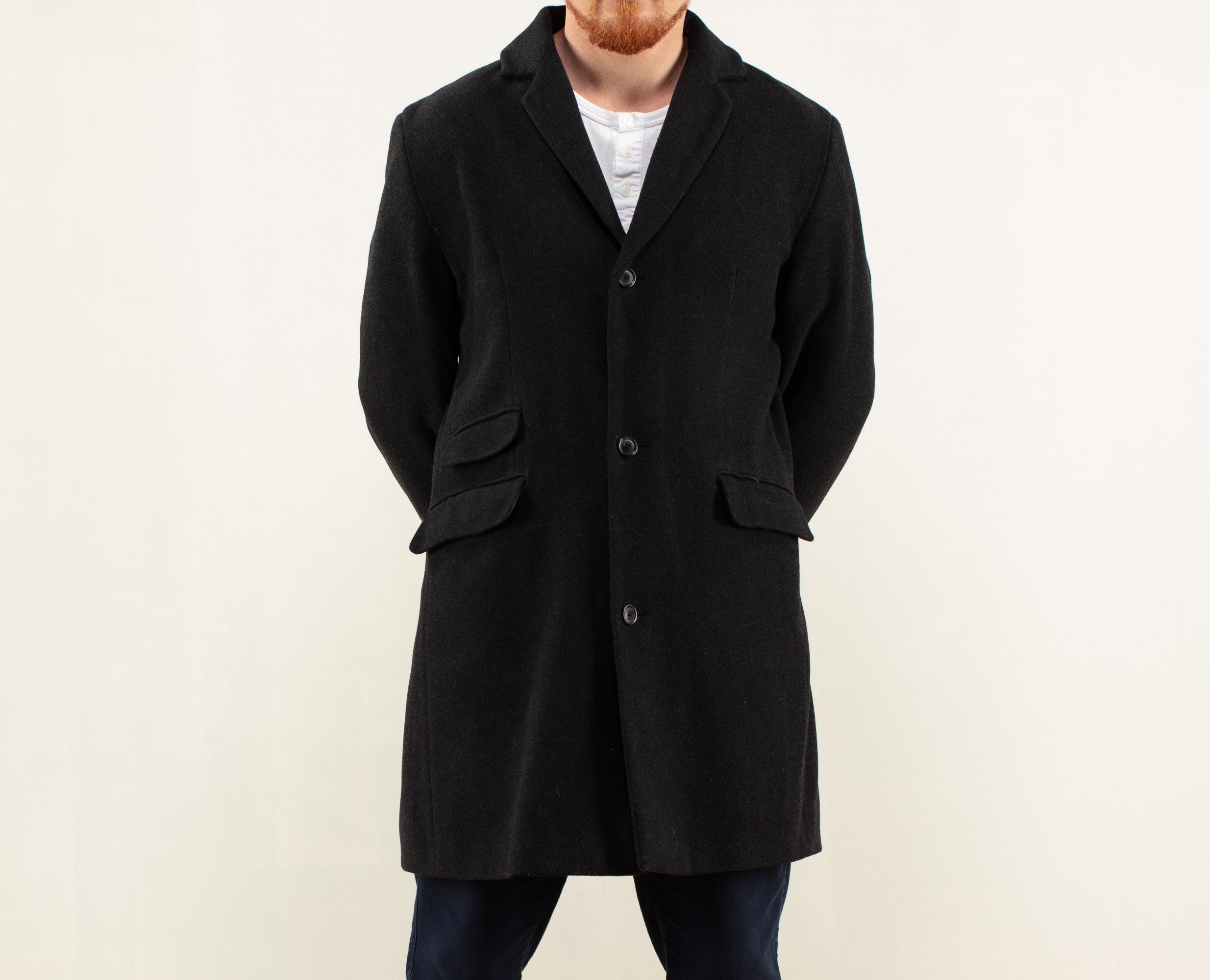 Cashmere Blend Coat Vintage 90S Overcoat Retro Black Classic Coat Formal Jacket Smart Casual Men Clothing Size Medium M