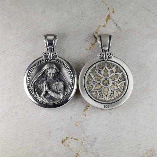 Virgin Mary Pendant With Silver & Bronze Icon, Neck Chain 2.5mm Fleur De Lis, 21mm Round Holy Mother Necklace, Sterling 925