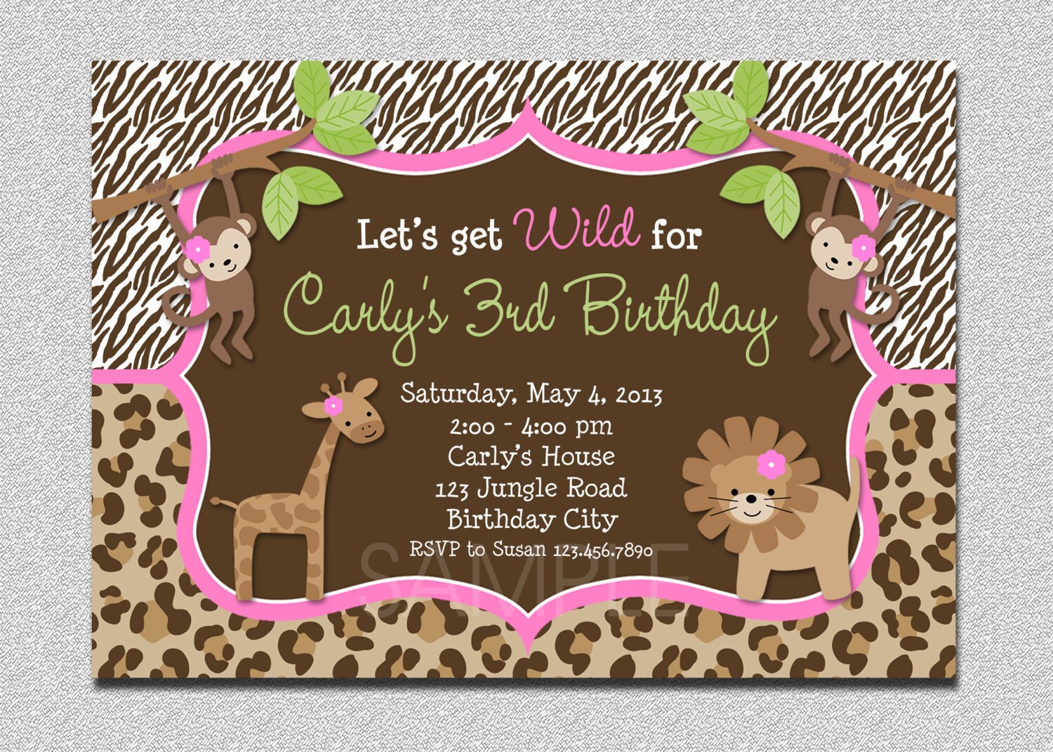 Jungle Birthday Invitation, Party Safari Birthday, 1st Girl Invitation