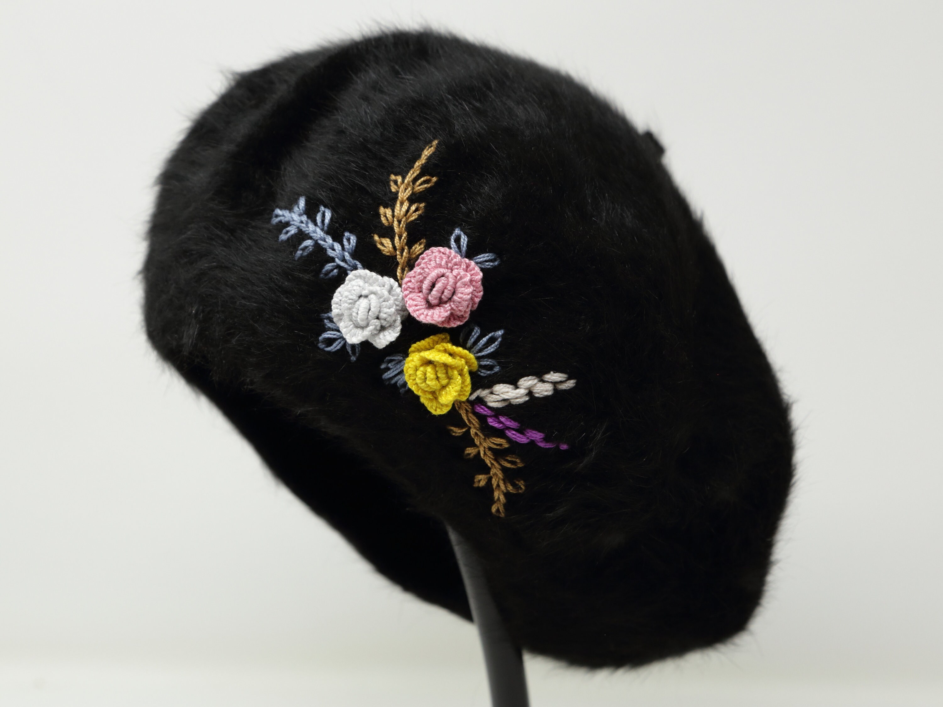 Hand Embroidered Flower Wool Blend Beret Hat Winter French Style Black Cap