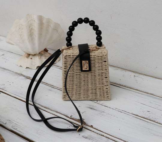 Women's Shoulder Bags Beads Handbag Handmade Wicker Woven Summer Beach Straw