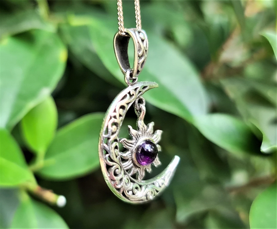 Crescent Moon With Star Pendant Sterling Silver 925 Natural Amethyst Genuine Citrine Celestial Divine Talisman