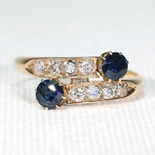 Victorian Sapphire Diamond By-Pass Ring 18K Gold Size 8.5
