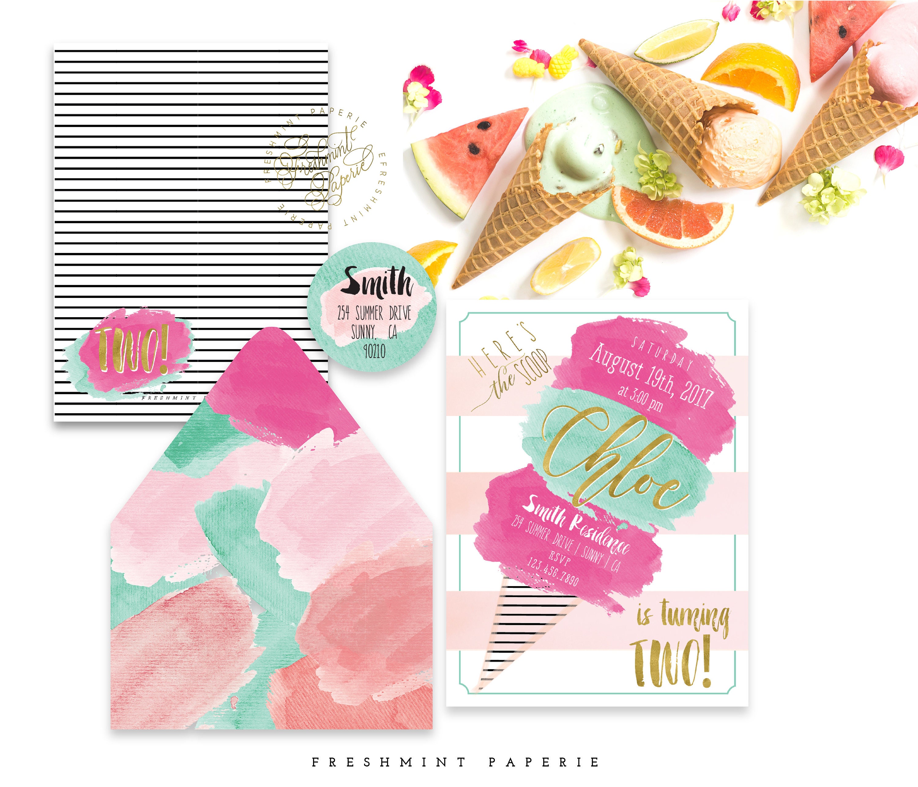 Printable Invitations - Ice Cream Invitation Theme Calligraphy Watercolor Freshmint Paperie