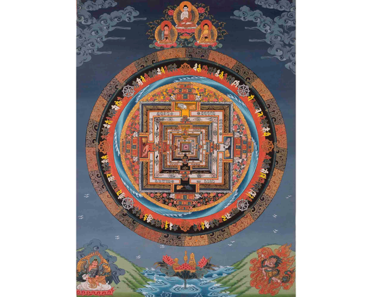 Unique Kalachakra Mandala Thangka Followed By Bodhisattvas & Mahakala | Tibetan Buddhist Art Lotus Designed Wheel Of Time