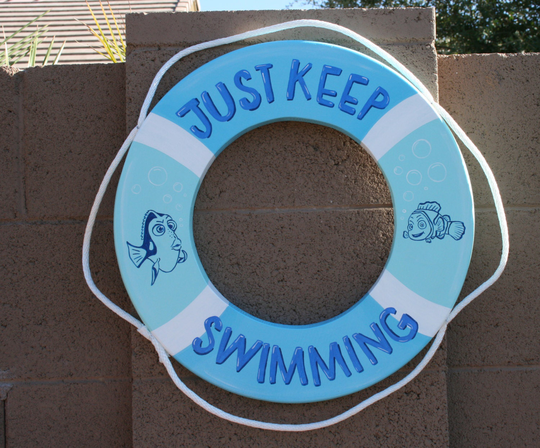 Pool Decor, Life Preserver, Wood Wood Sign, Nautical Beach Kids Room Bath, Just Keep Swimming