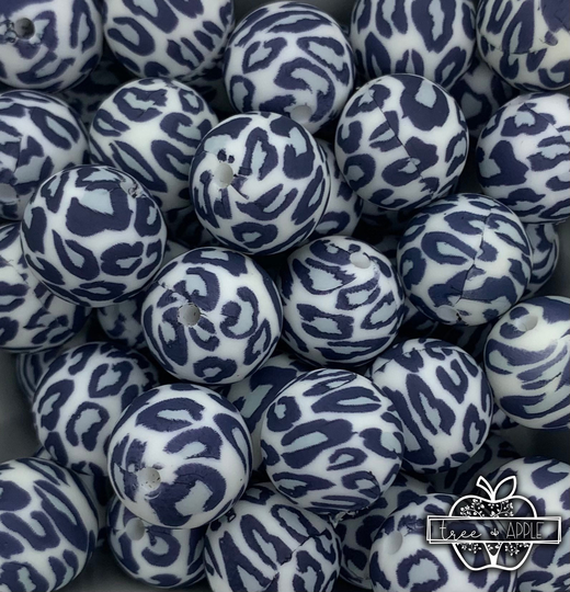 15mm Round Grey Leopard Silicone Beads, Animal Print Round Beads