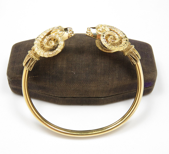 18K Gold Midcentury Modern Rams Head Bracelet; Vintage Aries Cuff; Bangle; Retro Bangle