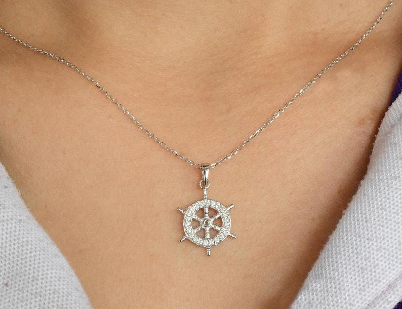 18K White Gold/18 Ship Wheel Helm Charm Pendant Nautical Sailor Marine Ocean Sea Jewelry Next Day Shipping