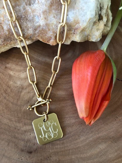 Necklace, Paperclip Chain, Gold, Silver, Toggle, Square Disc, Personalized | Simple Square Necklace