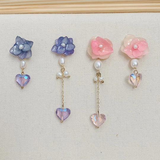 Resin Pressed Purple Or Pink Hydrangea Flowers With Natural Pearls & Heart Crystal Drops Dangled Earrings, Handmade Gift For Her