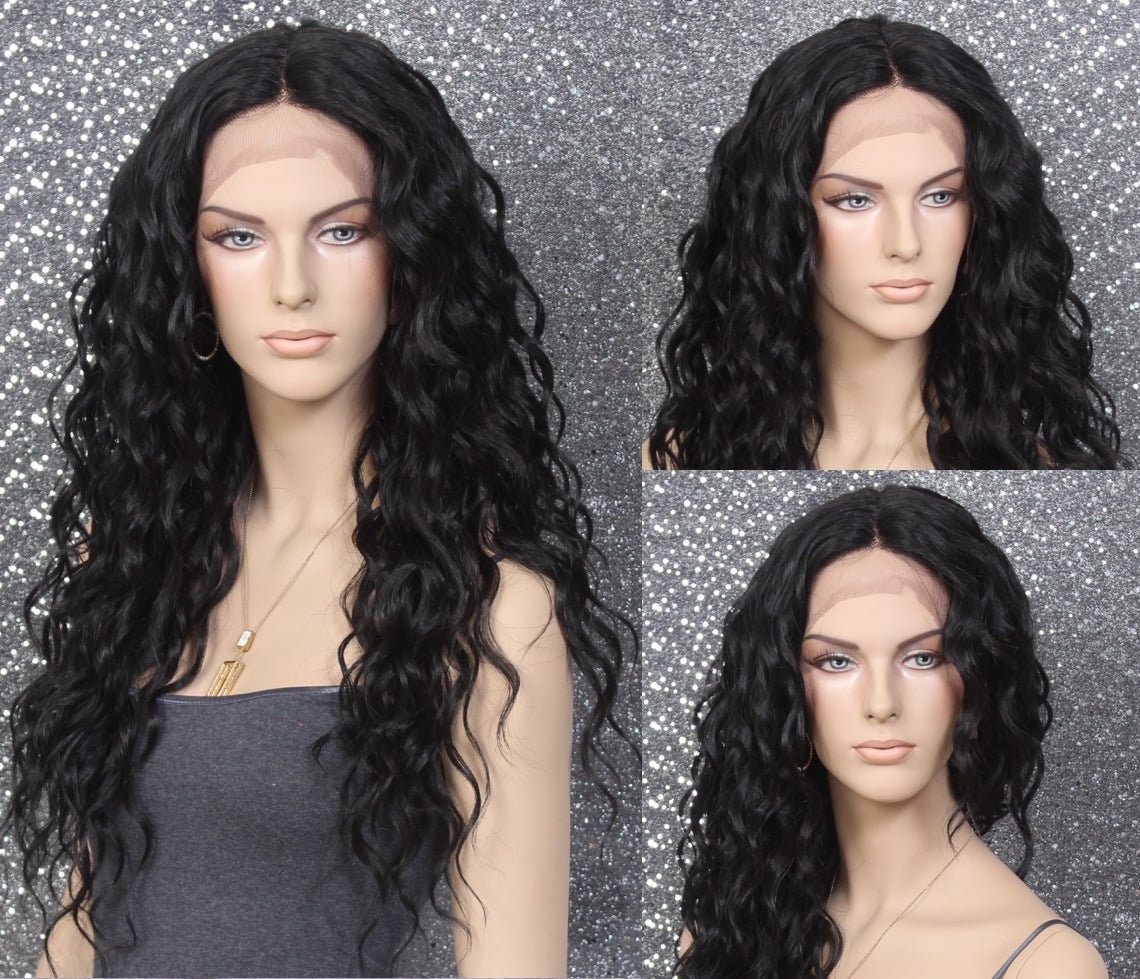 Black Human Hair Blend Lace Front Wig Perfect Beach Curls Wavy Center Handtied Part Layered Heat Ok Cancer Alopecia Cosplay Emo Anime