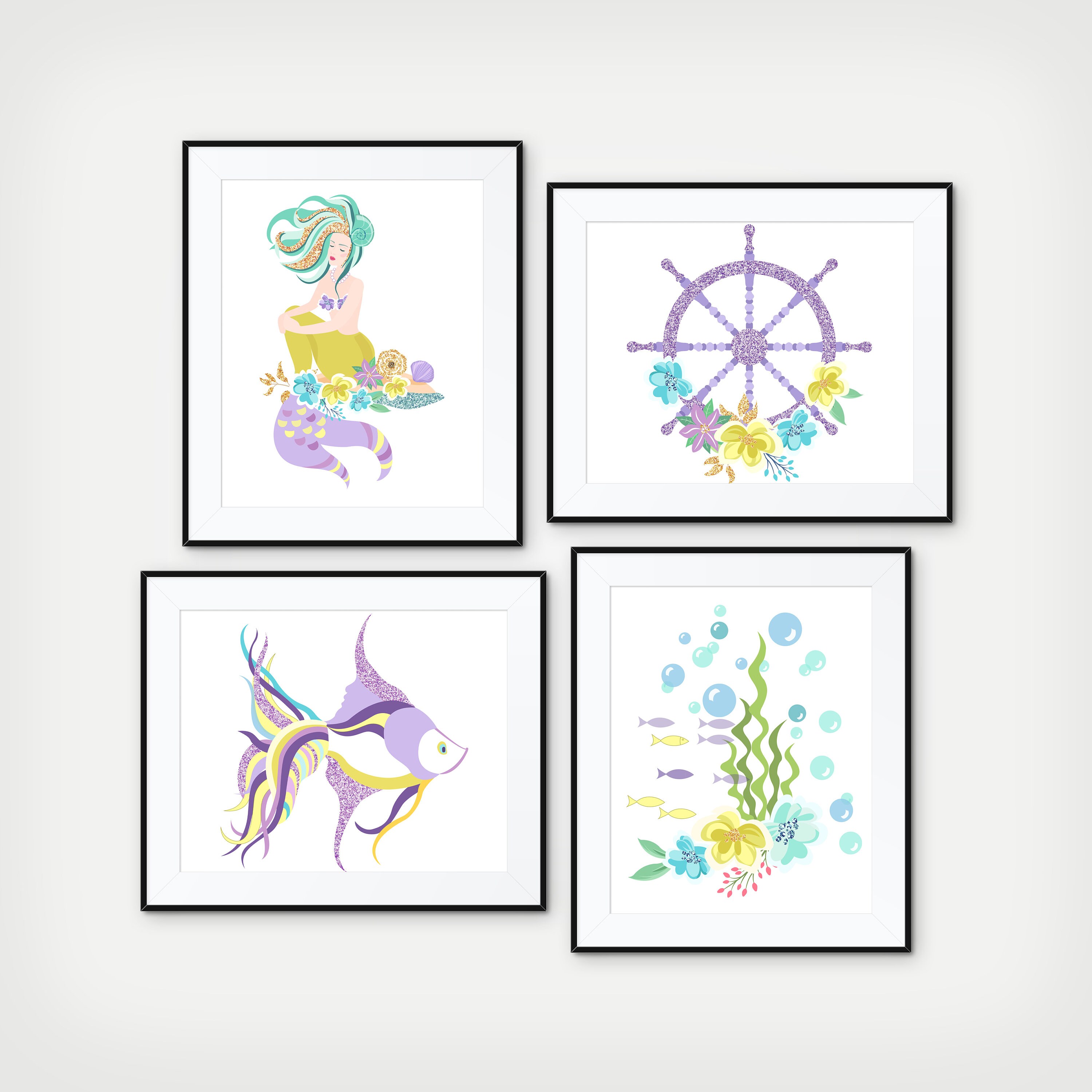 Mermaid Decor, Purple Art, Girls Room Kids Bathroom, Set Of 4