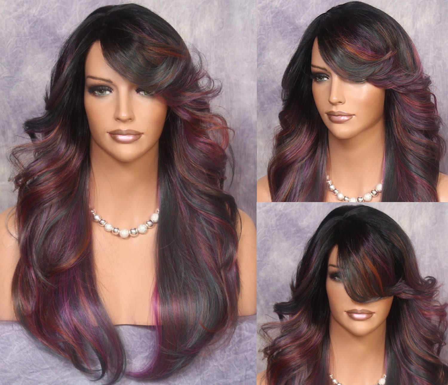 Unique Color Human Hair Blend Purple Red Orange Greyish Blue Wig Wavy Sides & Long Bangs Cancer Alopecia Theater Cosplay Club