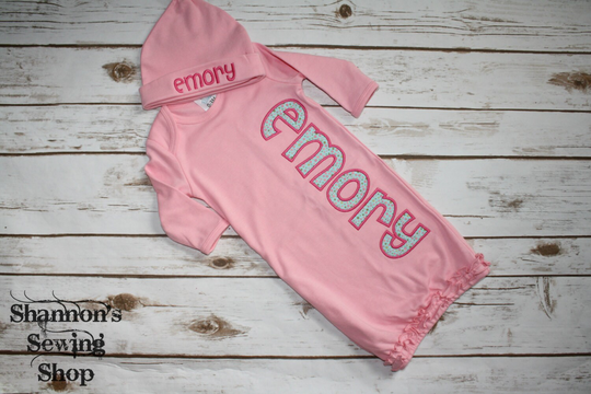 Pink Ruffle Baby Gown & Matching Hat, Going Home Outfit, Shower Gift, Girl Monogrammed