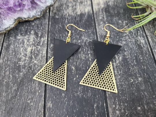 Geometric Black & Gold Triangle Statement Earrings, Hypoallergenic Metal Layered Drop Earrings
