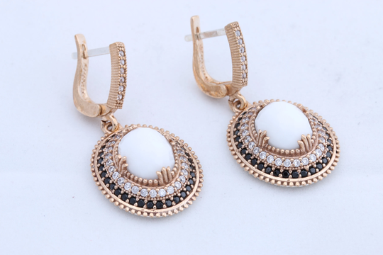 Hurrem Design Turkish Handmade Jewelry Oval Shape White & Round Cut Black Topaz 925 Sterling Silver Dangle/Drop Earrings