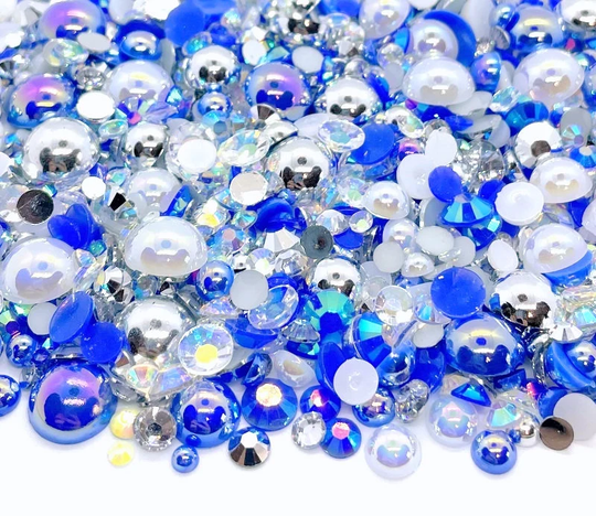 Silver Bells Blend Rhinestone Mix 2mm-10mm Flatback Jelly Resin | Faux Pearls Rhinestones Mixed Sizes, Blue White