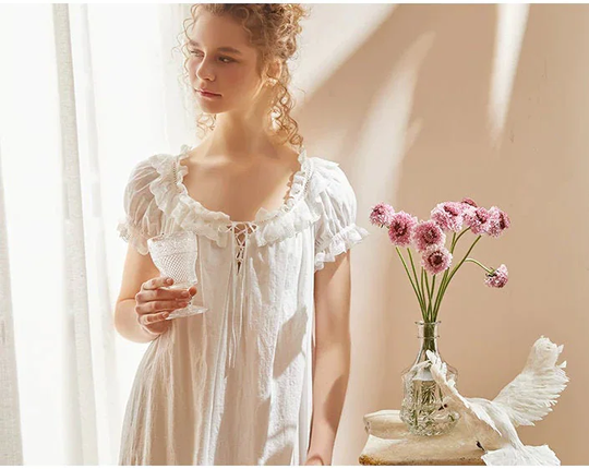Victorian Nightgown Cotton Vintage Women Pink White Lace Sleepwear Nightwear Nightdress Nighty