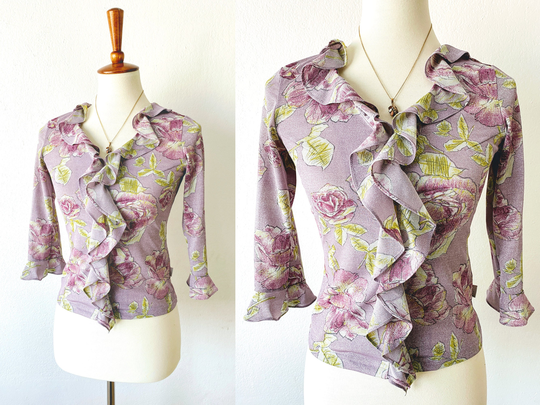 Ruffled Blouse | Shiny Top Shimmer Romantic Rose Print Stretch Soft Girl Cottagecore Y2K Xs