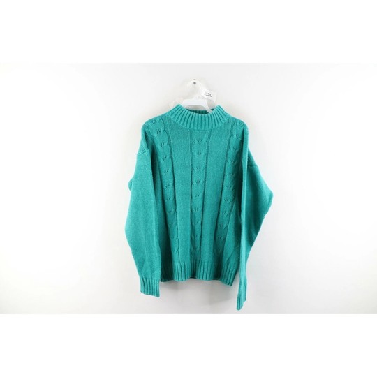 90S Streetwear Womens Medium Faded Cotton Cable Knit Mock Neck Sweater Teal, Vintage Sweater