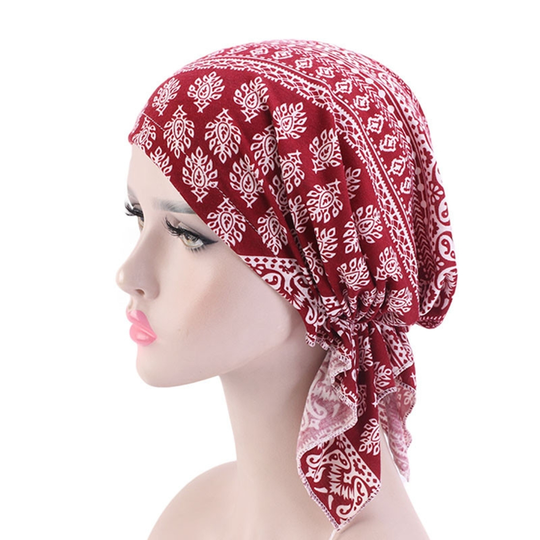 Classic Print Foldable Headscarf Cap Cotton Blend Ruffles Edge Stretchy Sleep Beanie Hair Accessories - wine red
