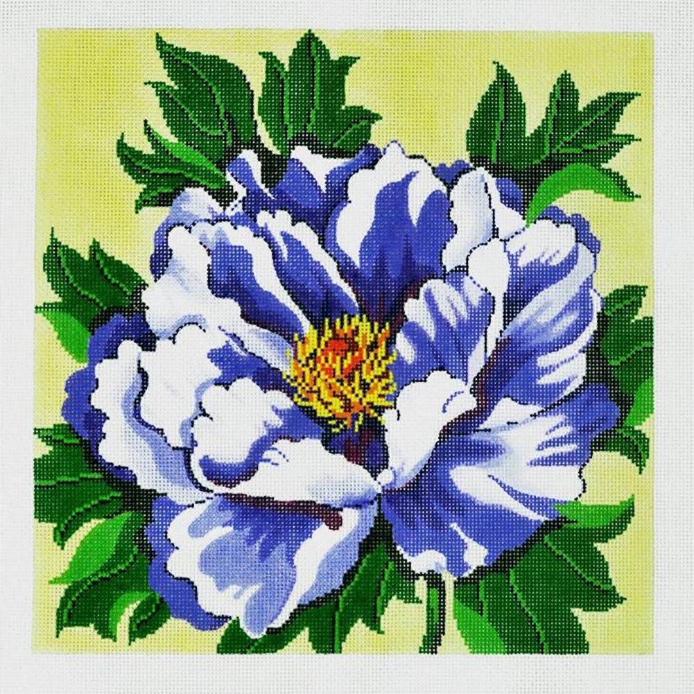 Needlepoint Handpainted Lee Peony Periwinkle Pillow 14x14 -Free Us Shipping