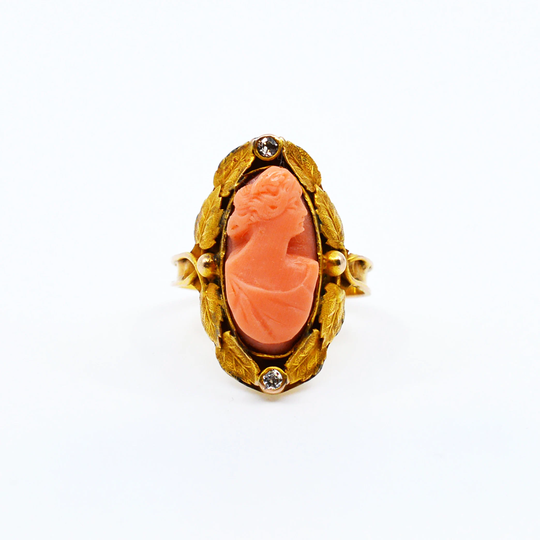 Art Nouveau 10K Carved Coral Cameo Ring Set With Two Diamonds & Laurel Leaf Decoration