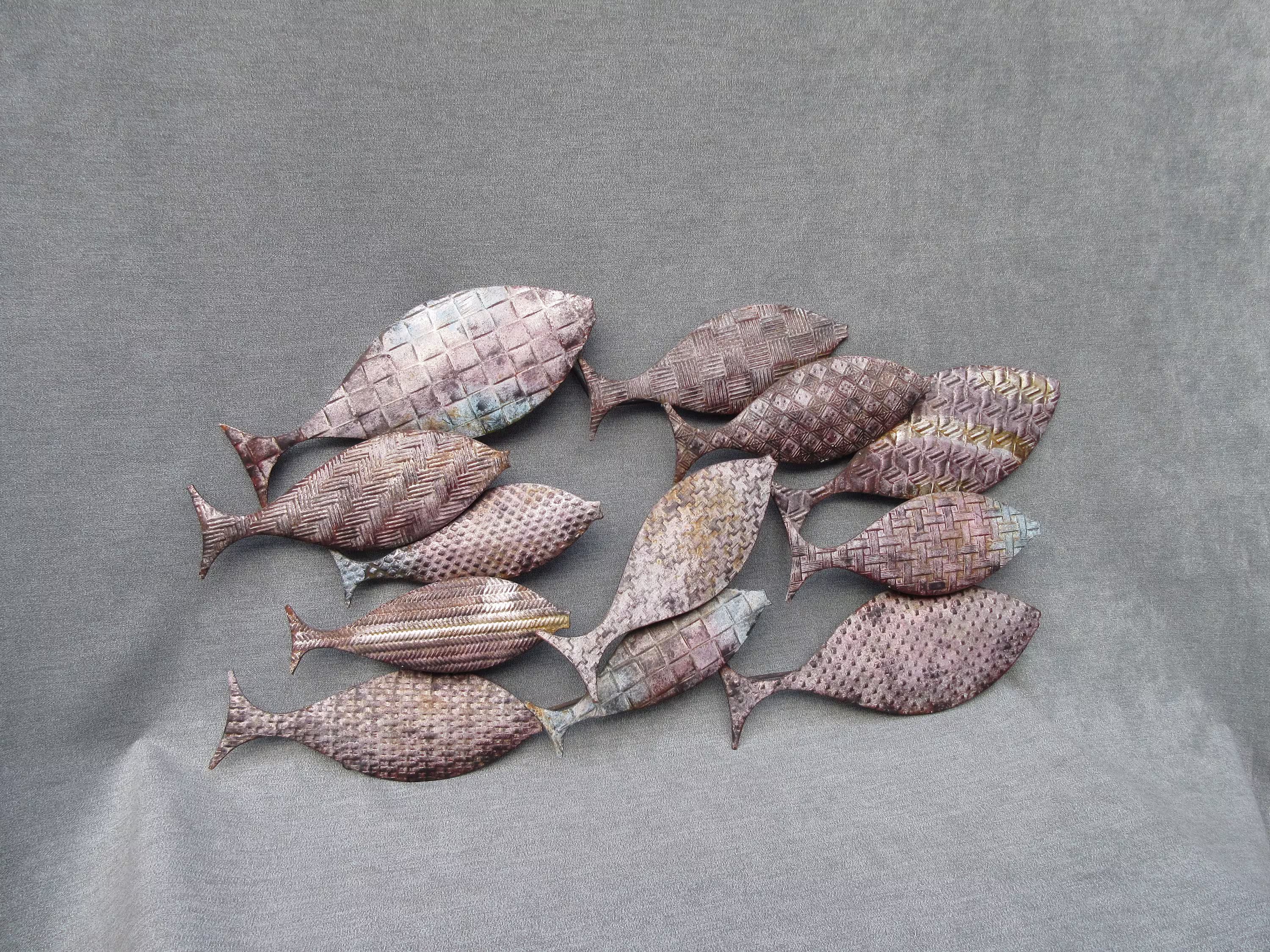Unique Unusual 39x20 Metal School Of Fish Wall Art Hanging Vintage Wire Retro Sculpture Muted Soft Colors On Silver Background