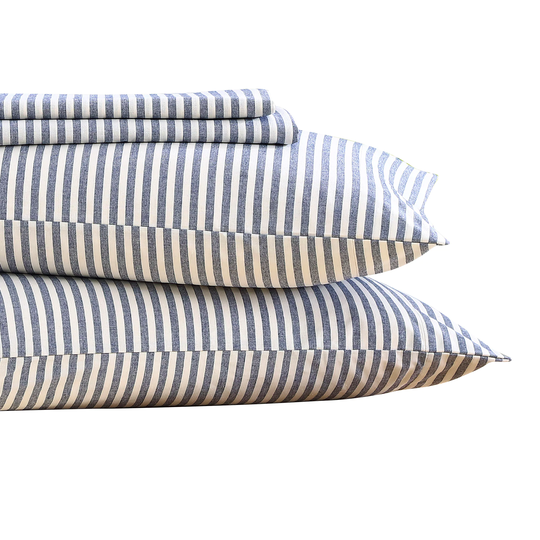 Reborn Montauk Full 144-Thread Count Cotton Polyester Blend Blue Stripe 4-Piece Bed Sheet | 807000276066