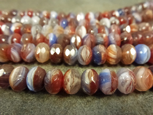 Dark Red/White/Blue Blend, Gem Cut Rondelle, Czech Glass Firepolish Beads, 6x9mm, 25Pc, Faceted Donut