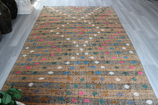 Vintage Kilim Rug, Ethnic Kilim, Large Bohemian Area Turkish/N-600 6'1"x9'5" Feet
