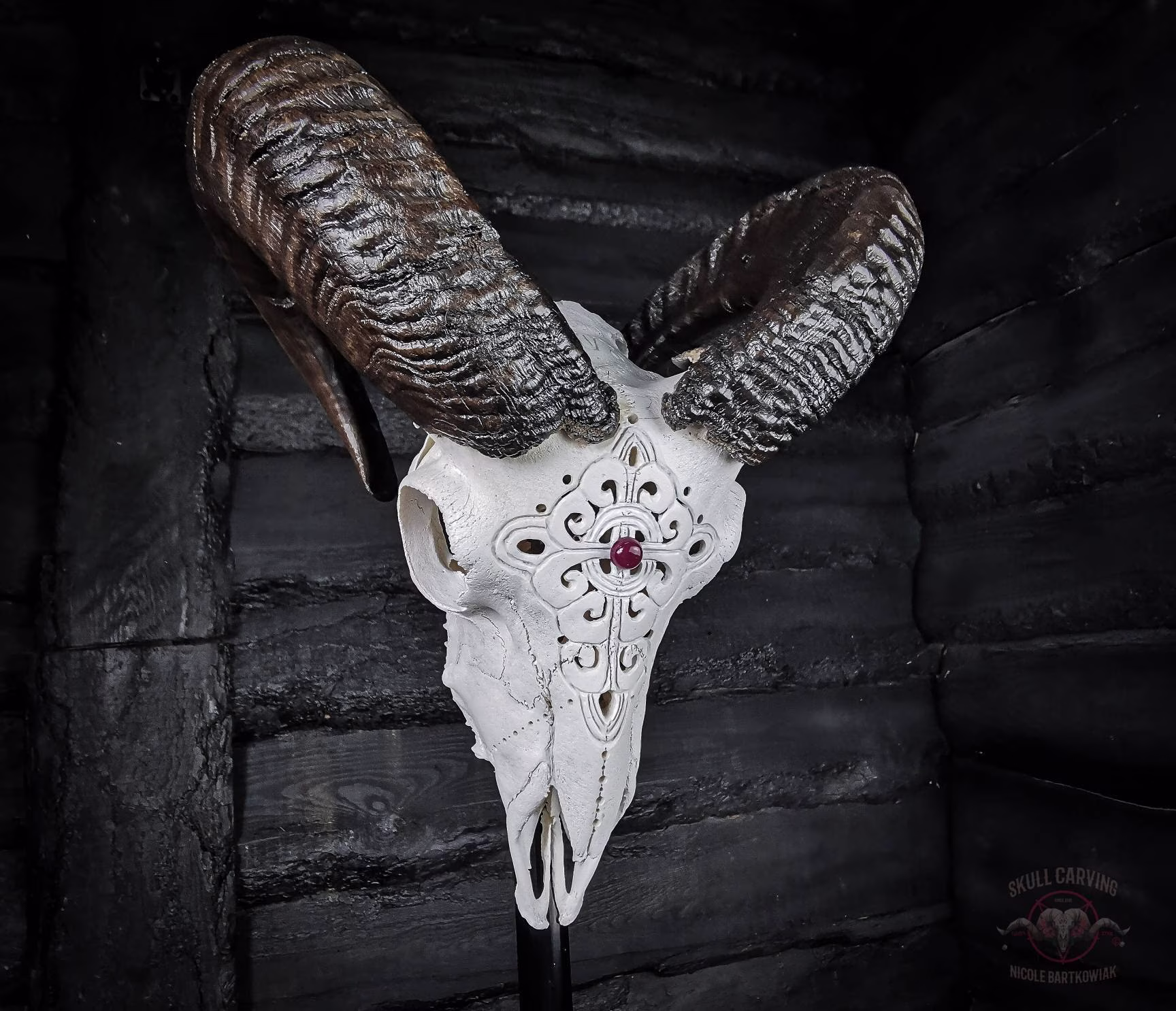 Made To Order Real Ram Skull Carving Engraved Celtic Cross With Ruby Stone in Center Led Wall Plague Black Horns Shipping Worldwide Art