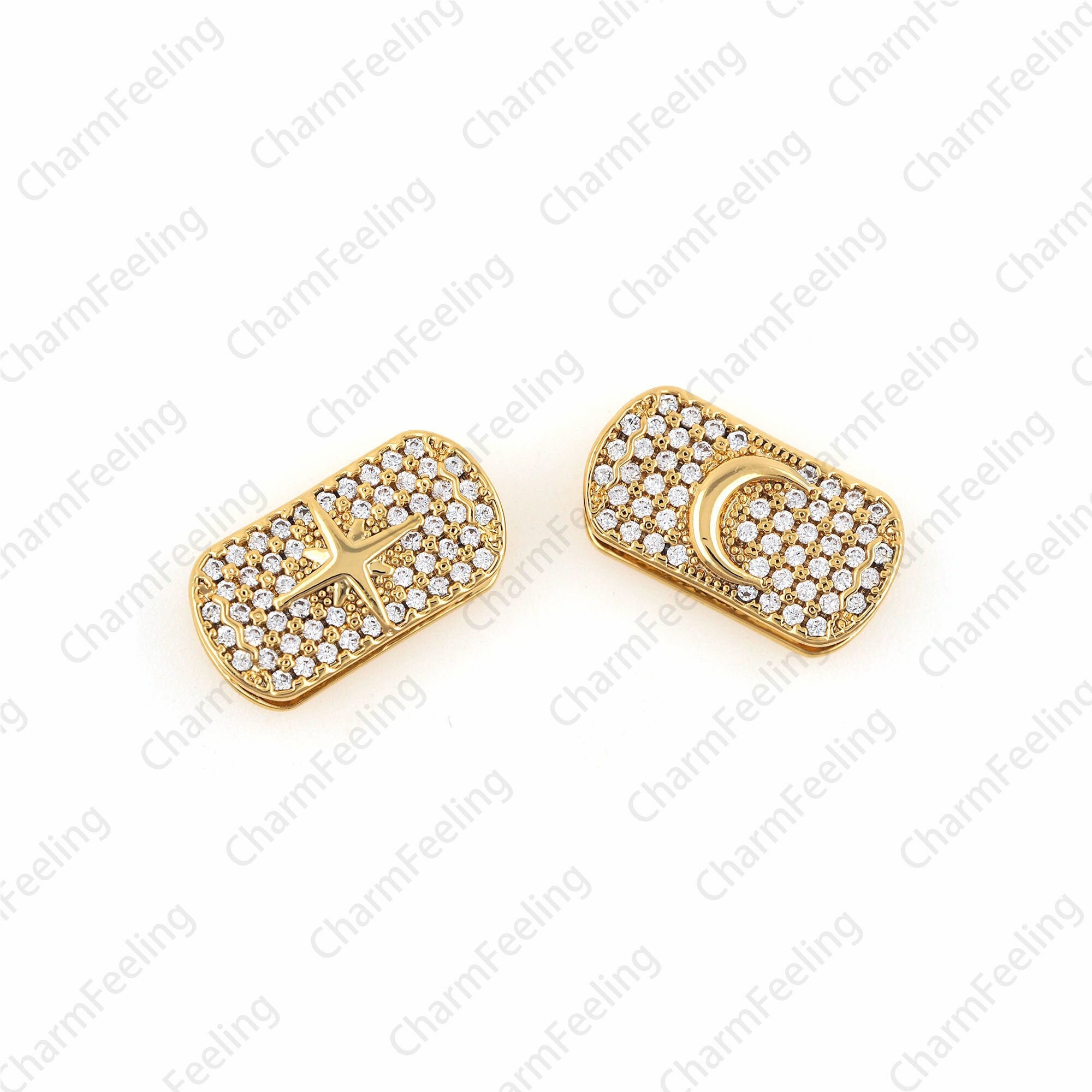 Rectangular Gasket, Moon North Star Beads, Moon Charms, Cz Spacer Charms For Diy Jewelry Making 17.5 9 5.5mm 1Pcs
