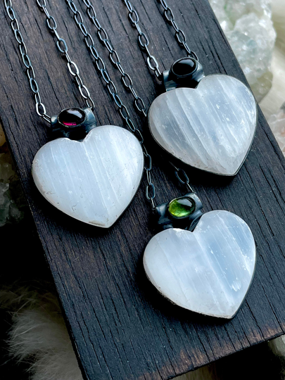 Selenite Necklace, Heart Garnet Necklace, Raw Crystal Boho