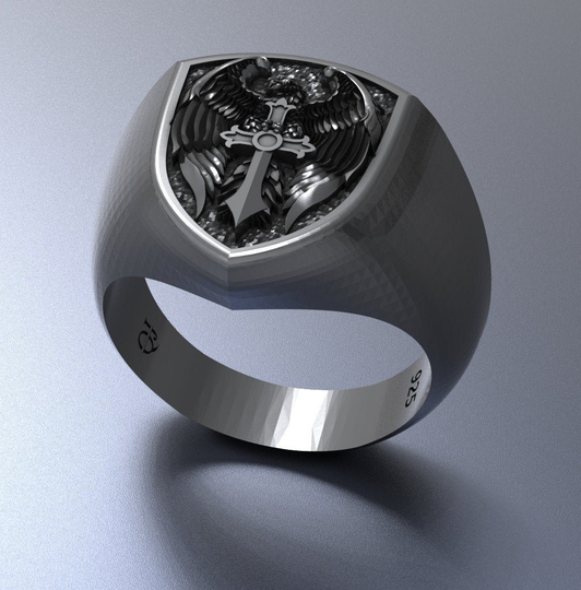 Crusader-Phoenix Ring, Phoenix Mythological Jewelry, Shield Case Silver Oxidized Men's Father's Day Gift