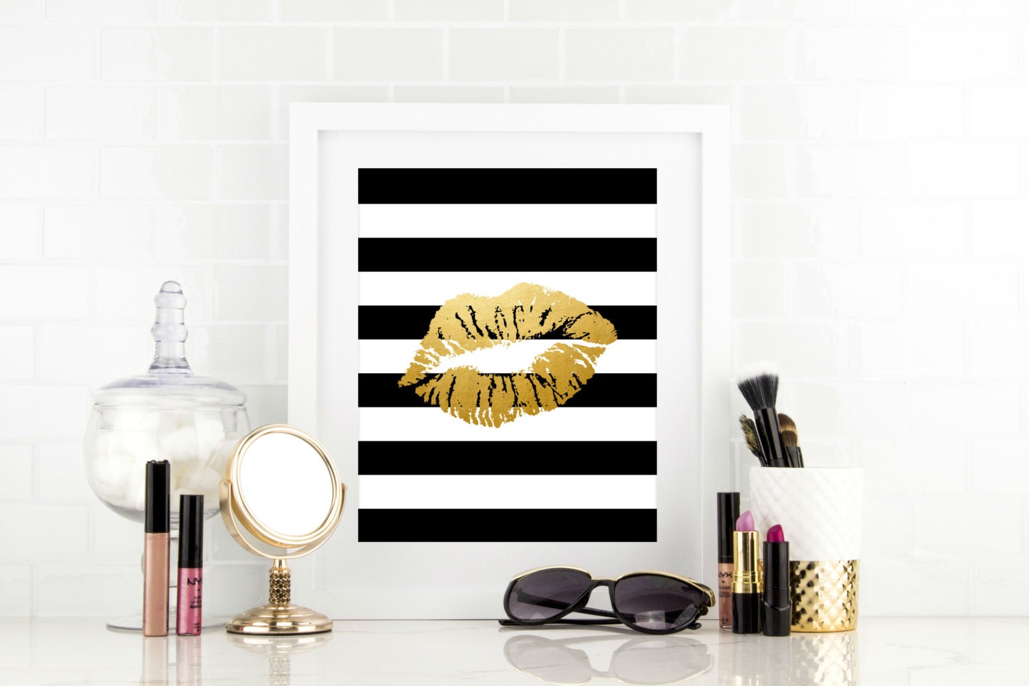 Lips Print - Modern Bathroom Art Bedroom Decor Faux Gold Wall Office Dorm Room Choose Color, Size