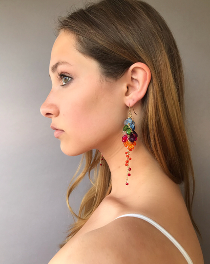 Multi-Color Beaded Earrings, Long Drop Rainbow Waterfall Statement Design Boho Limited Edition