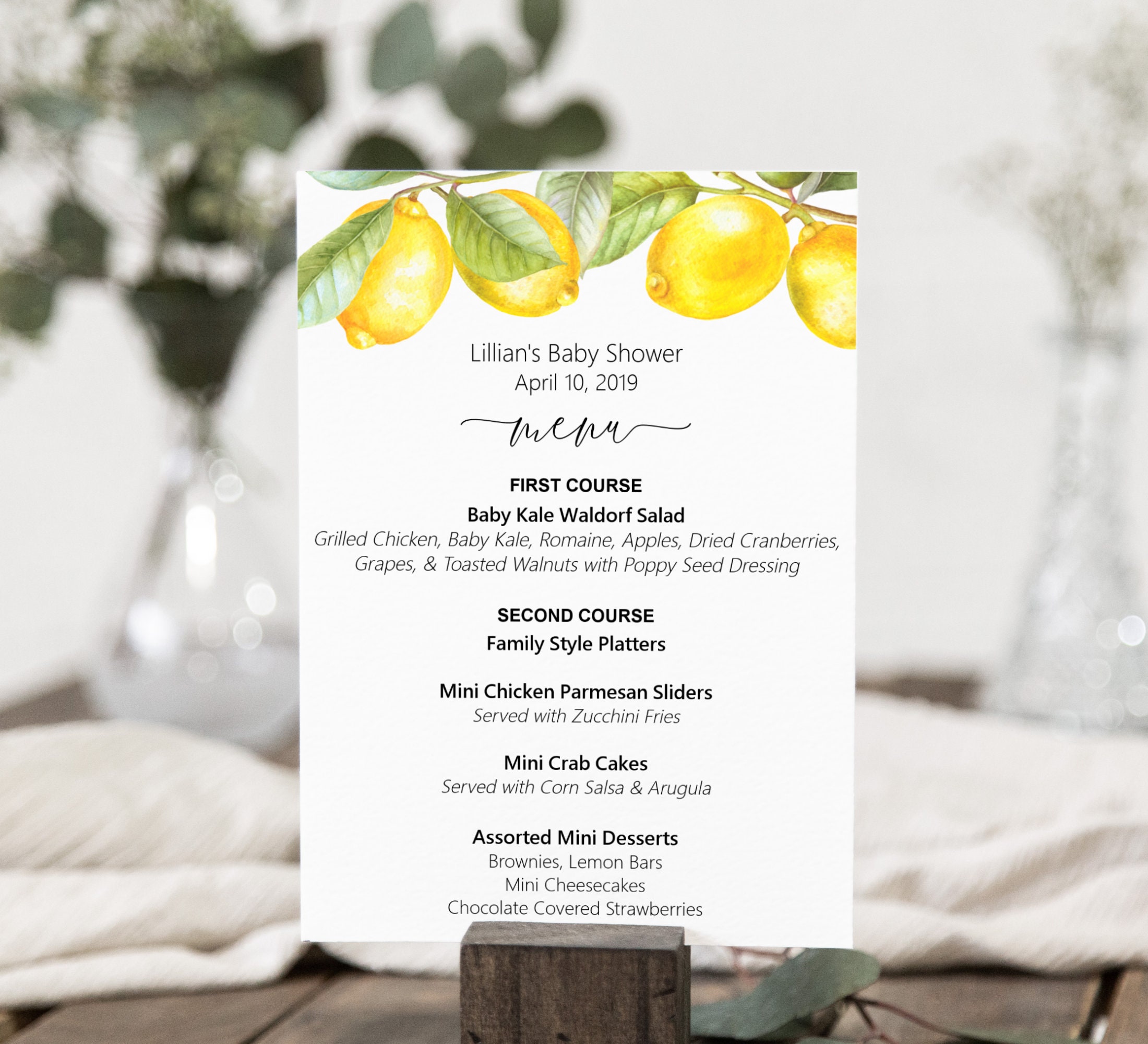 Menu Printable Lemon Citrus Lemons Theme Bridal Shower Baby Birthday Summer Wedding Sign Personalized Cards B5 C5