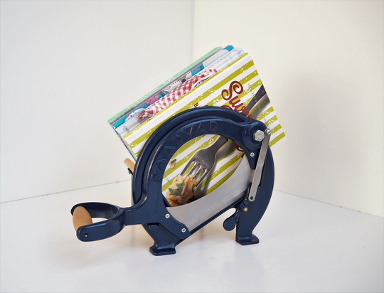 Danish Vintage Bread Slicer From Company Raadvad Made in Wood & Blue Painted Cast Iron, 1970S