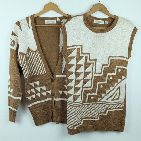 Flaw Vintage 90S Ellen Tracy Linen Blend Cardigan Shell Twinset Geometric Xs