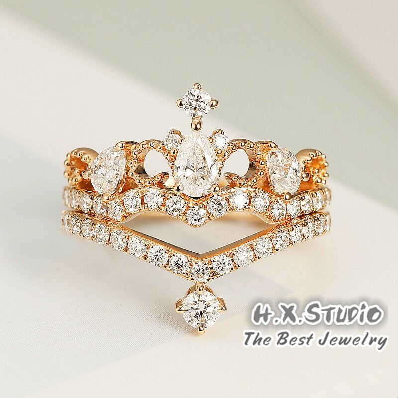 Diamond Tiara Ring Set in Solid 18K Gold/2 Piece Wedding Rings Set/Bridal Set/Custom Fine Jewelry/Personalization Design/Gift For Her